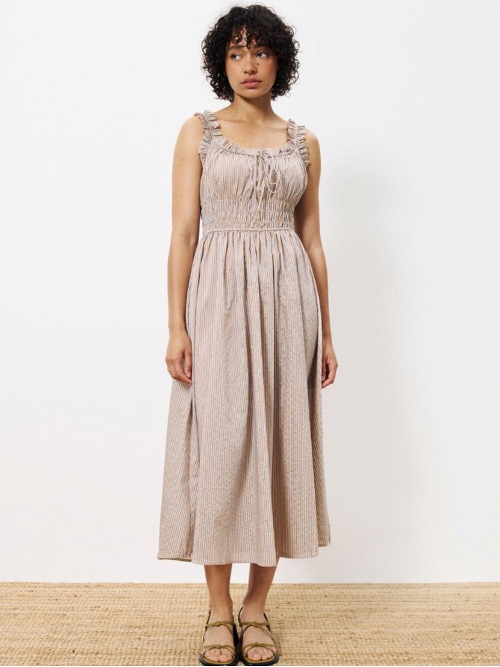 FRNCH Striped Smocked Ruffle Strap Midi Dress in Light Beige
